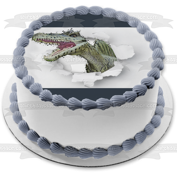 Cartoon Dinosaur Ripping Through White Wall Edible Cake Topper Image ABPID50270