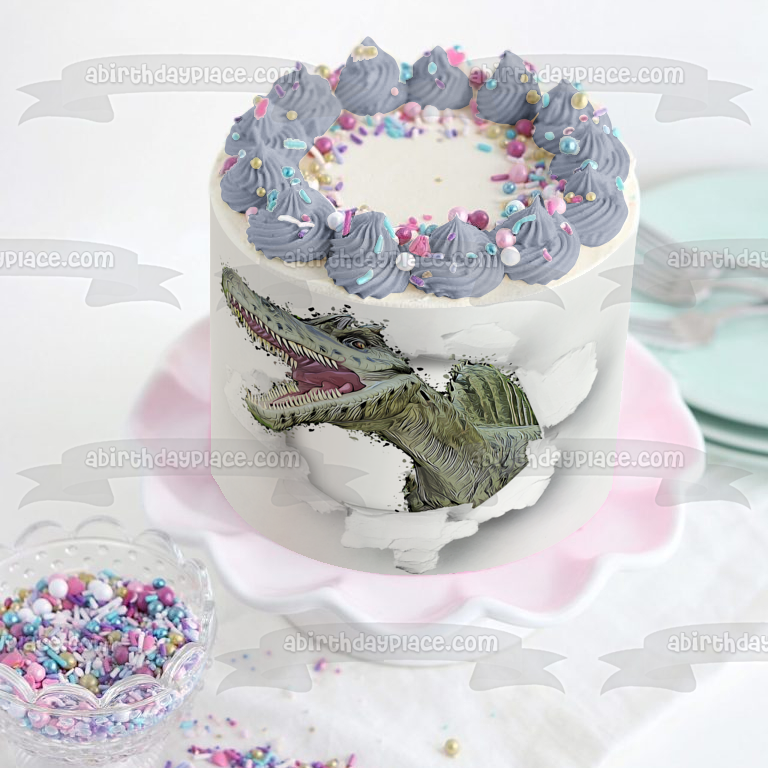 Cartoon Dinosaur Ripping Through White Wall Edible Cake Topper Image ABPID50270