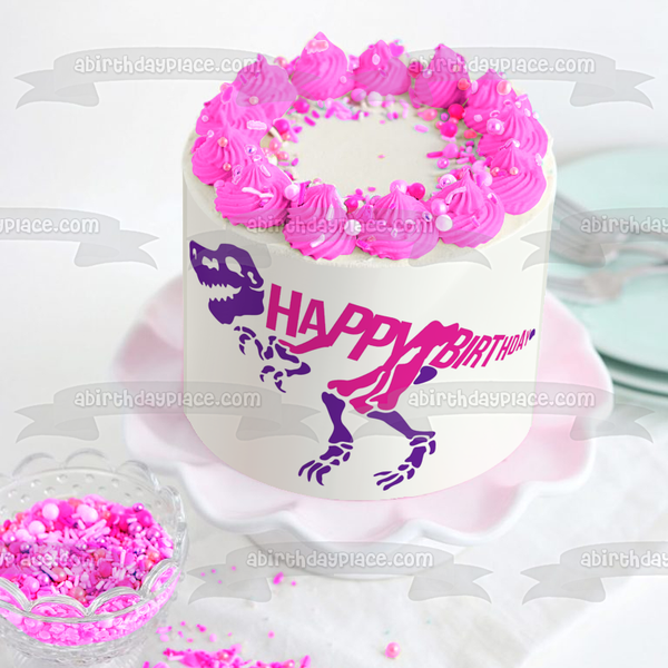 Pink and Purple Dinosaur Skeleton Happy Birthday Edible Cake Topper Image ABPID50283
