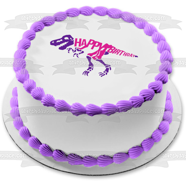 Pink and Purple Dinosaur Skeleton Happy Birthday Edible Cake Topper Image ABPID50283
