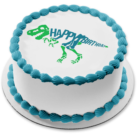 Imagen comestible para tarta de cumpleaños con esqueleto de dinosaurio verde y azul ABPID50284 