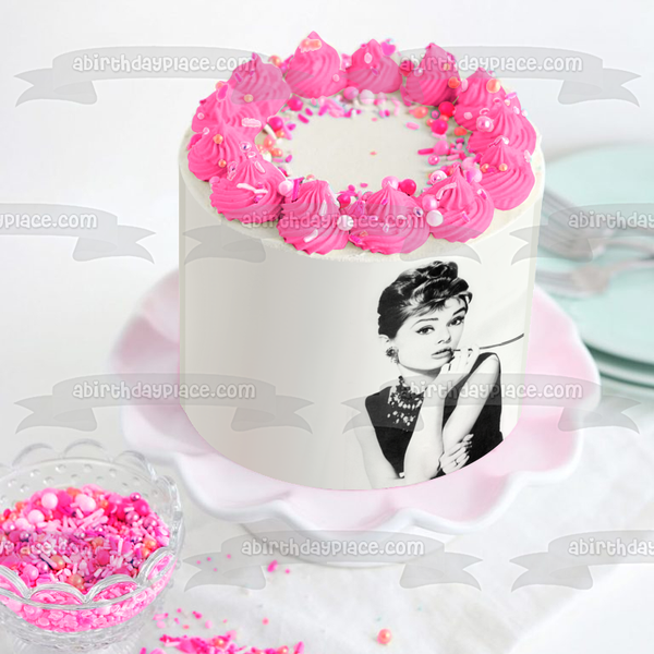 Audrey Hepburn Breakfast at Tiffany's Black and White Edible Cake Topper Image ABPID50512