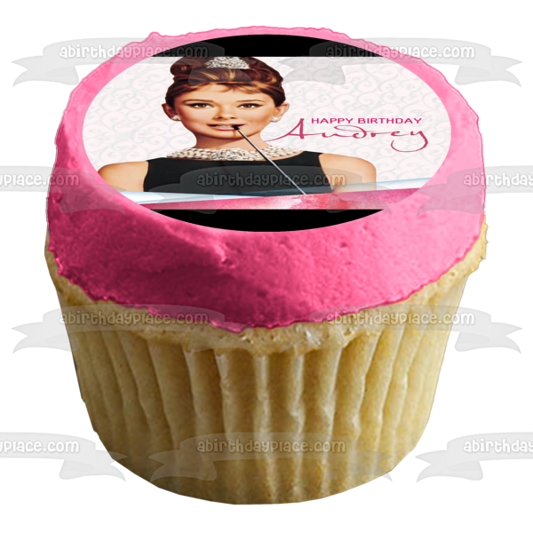 Happy Birthday Audrey Hepburn Breakfast at Tiffany's Edible Cake Topper Image ABPID50513