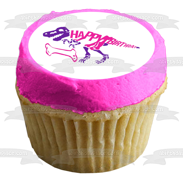 Pink and Purple Dinosaur Skeleton Pink Bone Happy Birthday Edible Cake Topper Image ABPID50287
