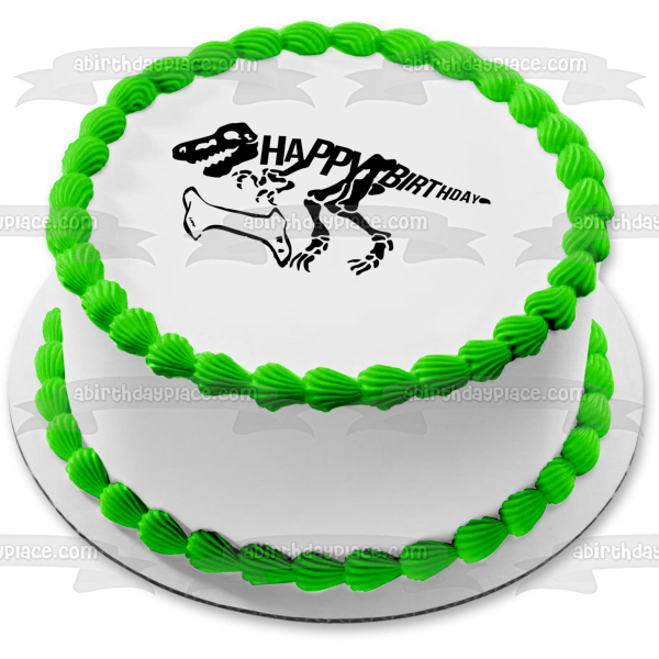 Adorno comestible para tarta con diseño de esqueleto de dinosaurio negro, feliz cumpleaños, hueso negro, imagen ABPID50288 