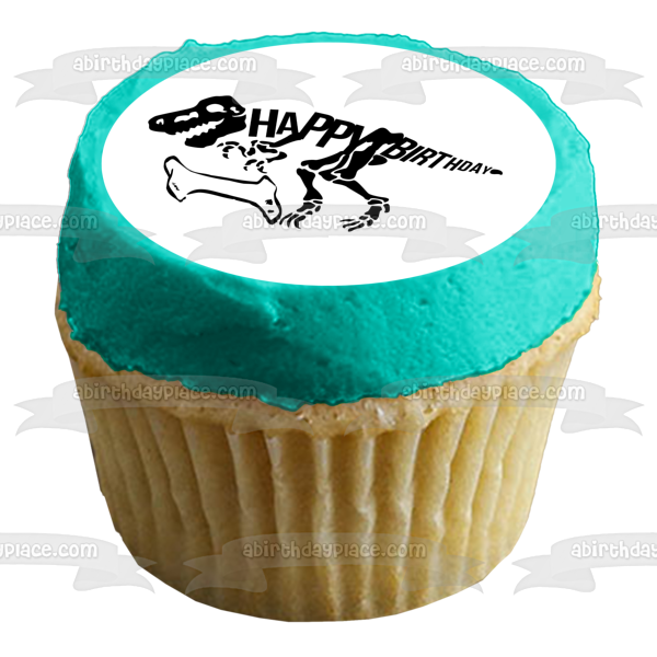 Adorno comestible para tarta con diseño de esqueleto de dinosaurio negro, feliz cumpleaños, hueso negro, imagen ABPID50288 