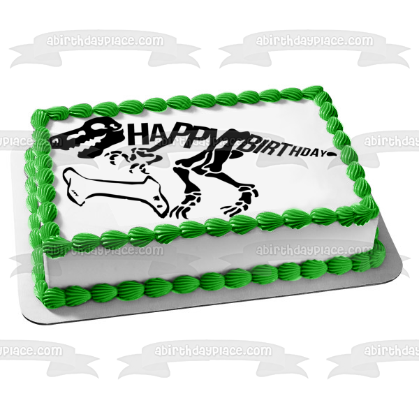 Adorno comestible para tarta con diseño de esqueleto de dinosaurio negro, feliz cumpleaños, hueso negro, imagen ABPID50288 