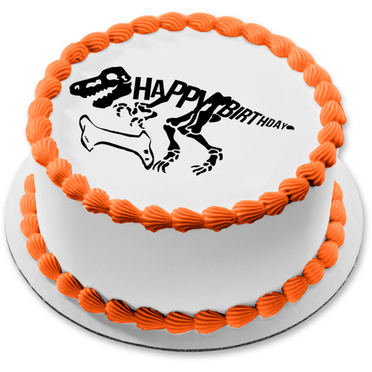 Adorno comestible para tarta con diseño de esqueleto de dinosaurio negro, feliz cumpleaños, hueso negro, imagen ABPID50288 