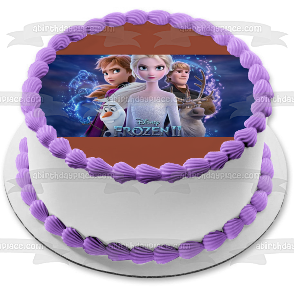 Disney Frozen 2 Elsa Anna Kristoff Sven Olaf Blue Background Edible Cake Topper Image ABPID50515