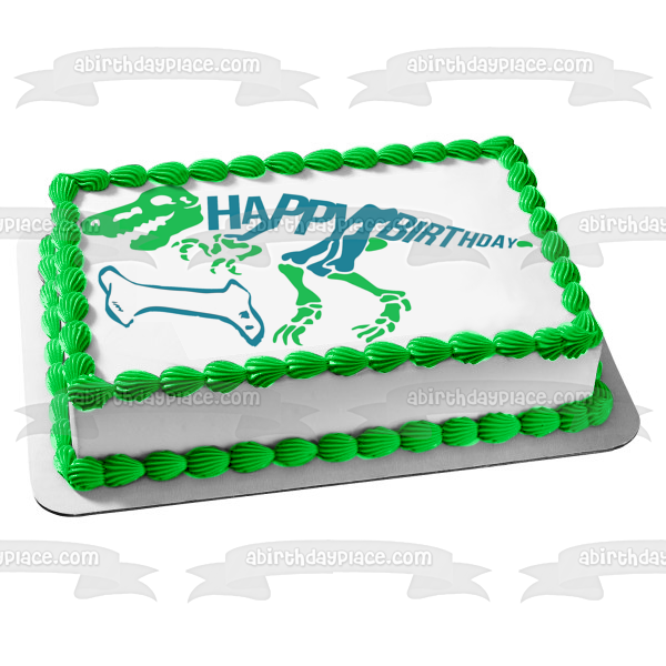 Esqueleto de dinosaurio verde y azul Feliz cumpleaños Hueso azul Adorno comestible para tarta Imagen ABPID50289 