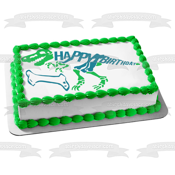Green and Blue Dinosaur Skeleton Happy Birthday Blue Bone Edible Cake Topper Image ABPID50289