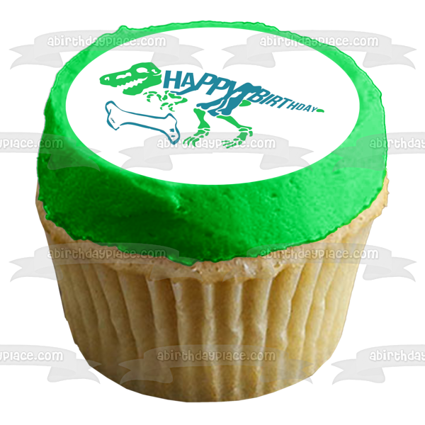Esqueleto de dinosaurio verde y azul Feliz cumpleaños Hueso azul Adorno comestible para tarta Imagen ABPID50289 