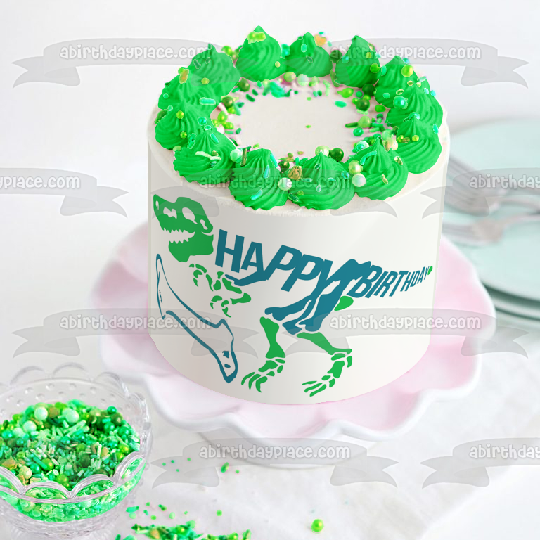 Esqueleto de dinosaurio verde y azul Feliz cumpleaños Hueso azul Adorno comestible para tarta Imagen ABPID50289 