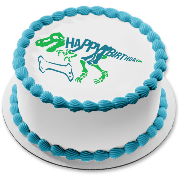 Esqueleto de dinosaurio verde y azul Feliz cumpleaños Hueso azul Adorno comestible para tarta Imagen ABPID50289 