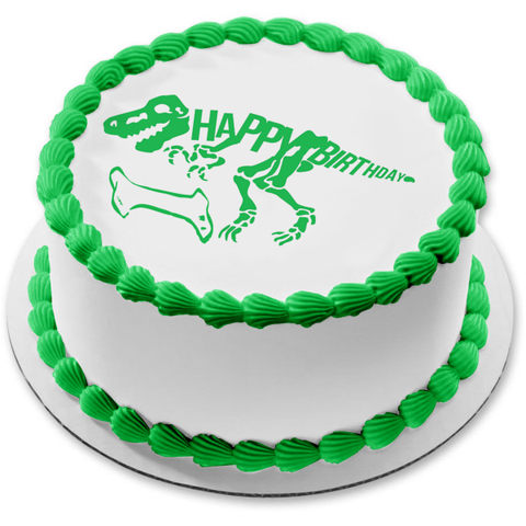 Green Dinosaur Skeleton Happy Birthday Green Bone Edible Cake Topper Image ABPID50290