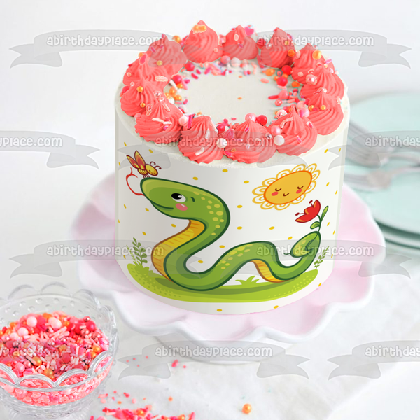 Cartoon Garden Snake Flower Butterfly Sun Edible Cake Topper Image ABPID50296