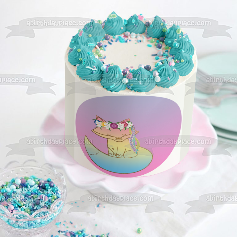 Pastel Glitter Fox Flower Crown Edible Cake Topper Image ABPID50311