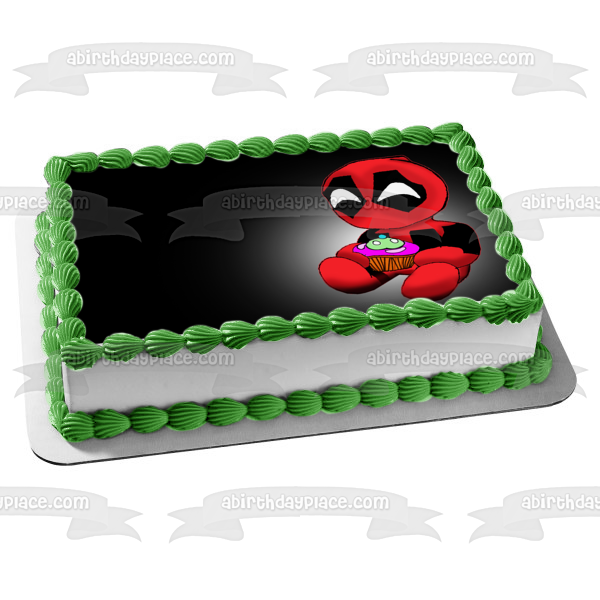Chibi Deadpool Superhero Cartoon Cupcake Happy Birthday Marvel Edible Cake Topper Image ABPID50313