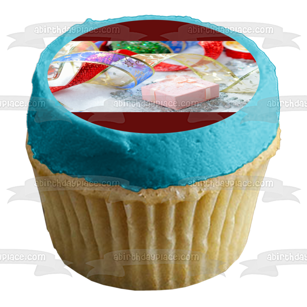 Adorno comestible para tarta con cinta dorada, roja, azul y rosa navideña, imagen ABPID50581 