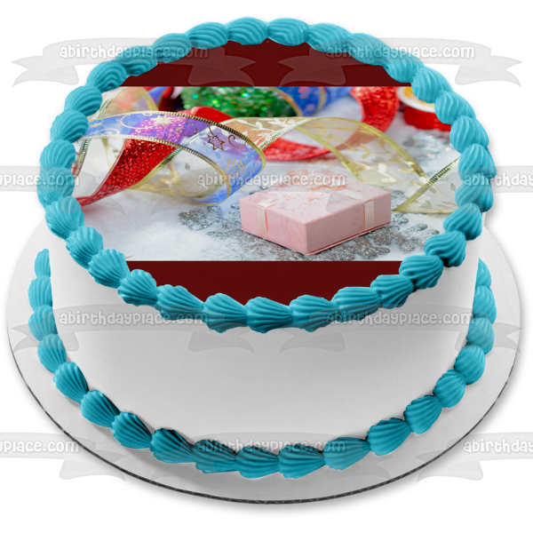 Adorno comestible para tarta con cinta dorada, roja, azul y rosa navideña, imagen ABPID50581 