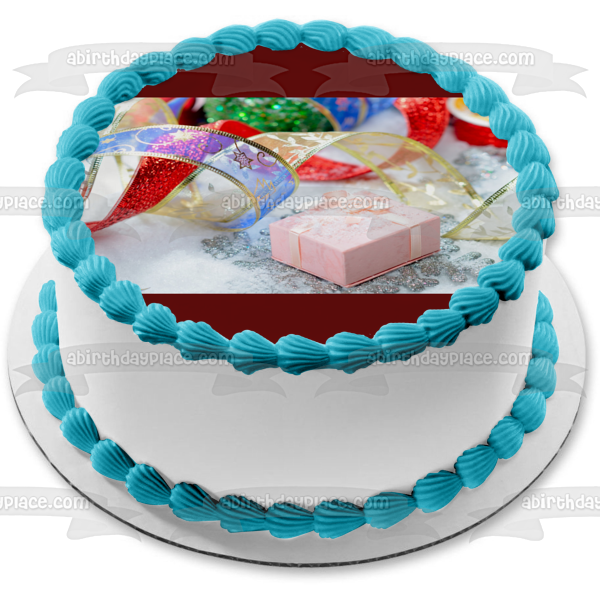 Christmas Pink Present Red Blue Gold Ribbon Edible Cake Topper Image ABPID50581