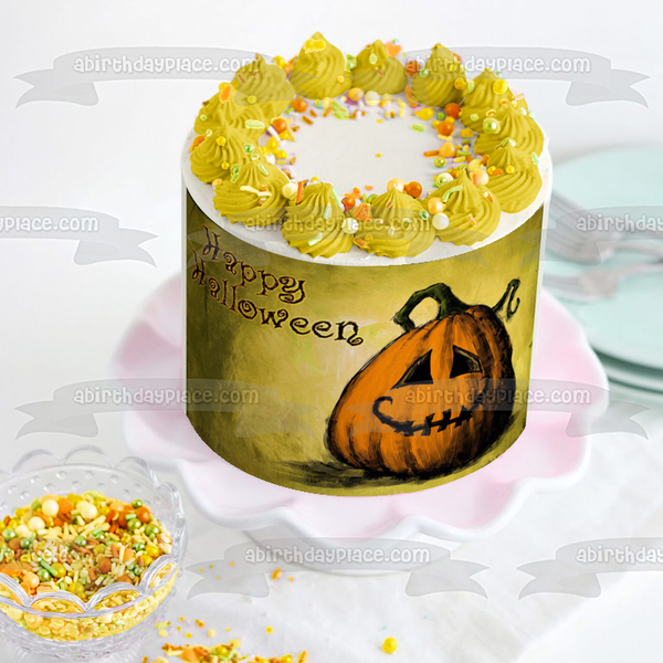 Happy Halloween Pumpkin Jack-O-Lantern Edible Cake Topper Image ABPID50337