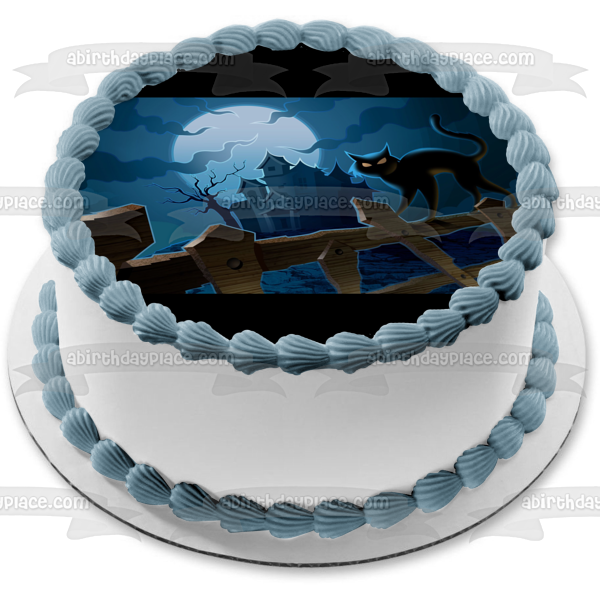 Halloween Haunted House Black Cat Moon Rising Fence Edible Cake Topper Image ABPID50340