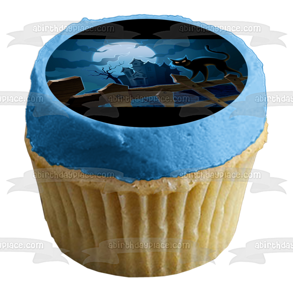 Halloween Haunted House Black Cat Moon Rising Fence Edible Cake Topper Image ABPID50340