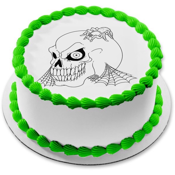Black and White Halloween Skull Spider Edible Cake Topper Image ABPID50348