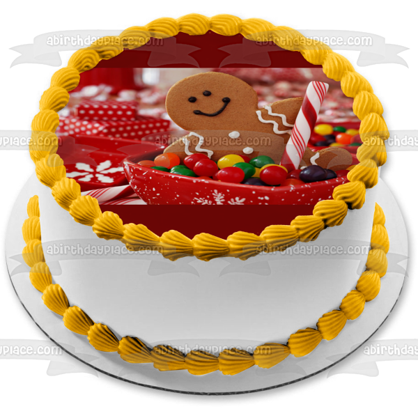 Adorno comestible para tarta con diseño de hombre de jengibre navideño, galleta, gominolas, cuenco, caramelo, imagen ABPID50600 