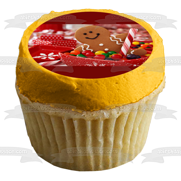 Adorno comestible para tarta con diseño de hombre de jengibre navideño, galleta, gominolas, cuenco, caramelo, imagen ABPID50600 