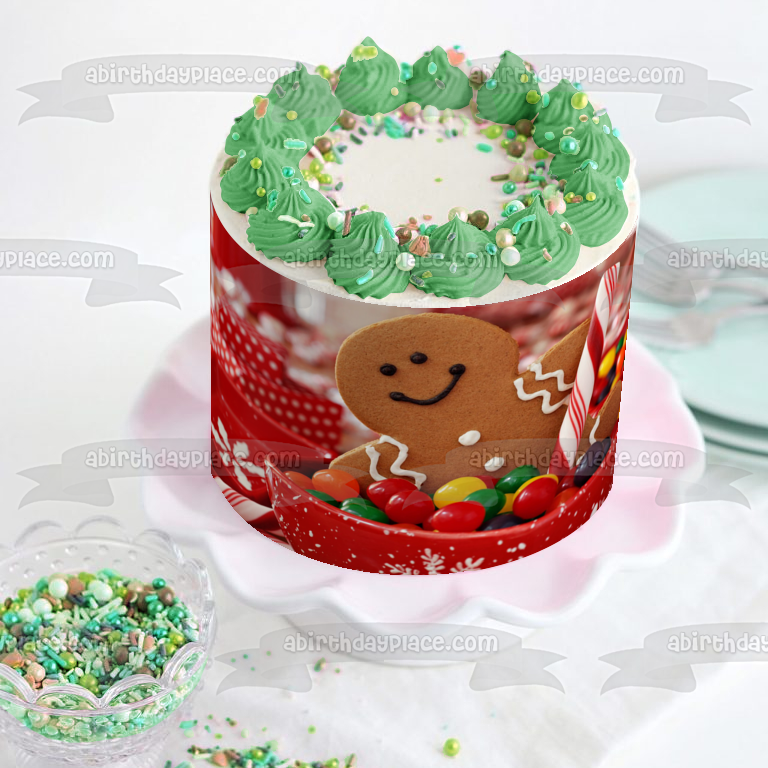Adorno comestible para tarta con diseño de hombre de jengibre navideño, galleta, gominolas, cuenco, caramelo, imagen ABPID50600 