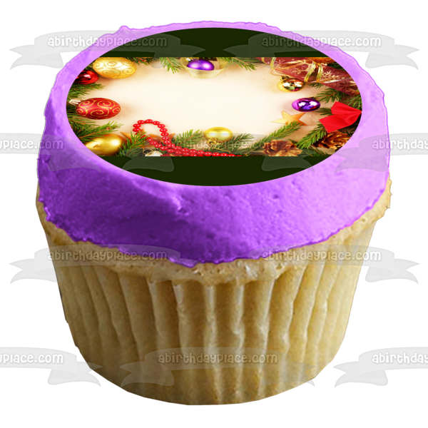 Christmas Wreath Ribbon Ball Ornaments Edible Cake Topper Image ABPID50602