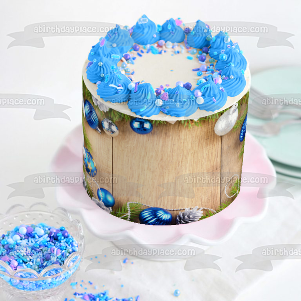 Christmas Wreath Silver Blue Ball Ornaments White Pine Cones Edible Cake Topper Image ABPID50603