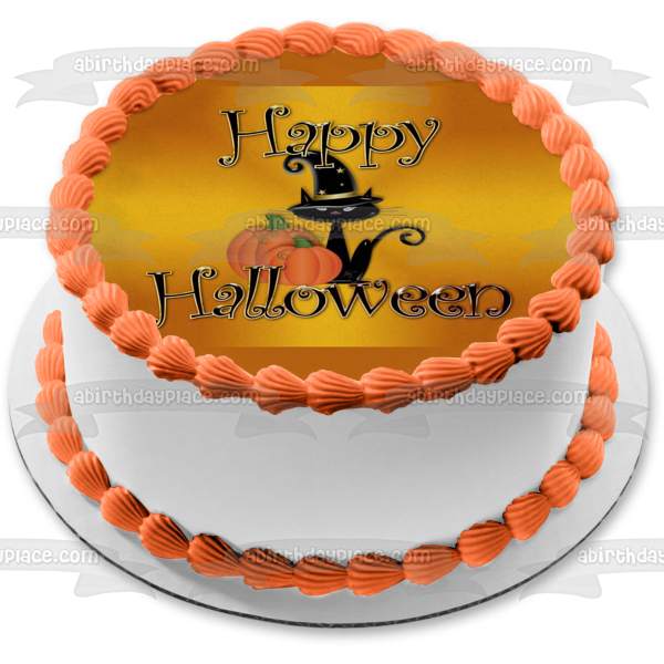 Happy Halloween Witch Cat Pumpkin Edible Cake Topper Image ABPID50356