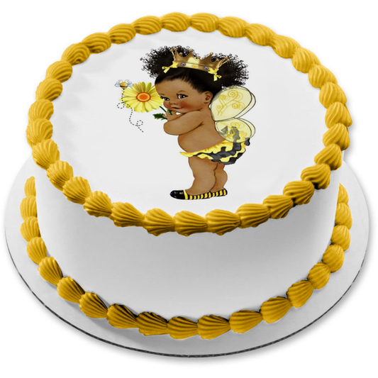 Queen Bee Princess Afro Puff African American Baby Girl Baby Shower Edible Cake Topper Image ABPID50368
