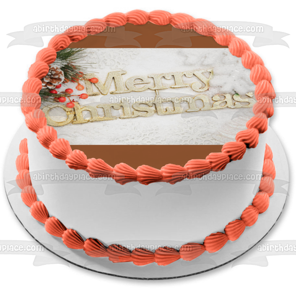 Merry Christmas Pine Tree Pine Cone Snow Edible Cake Topper Image ABPID50621