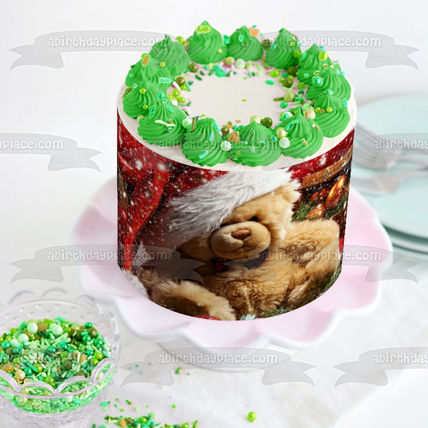 Teddy Bear Christmas Hat Snow Edible Cake Topper Image ABPID50626