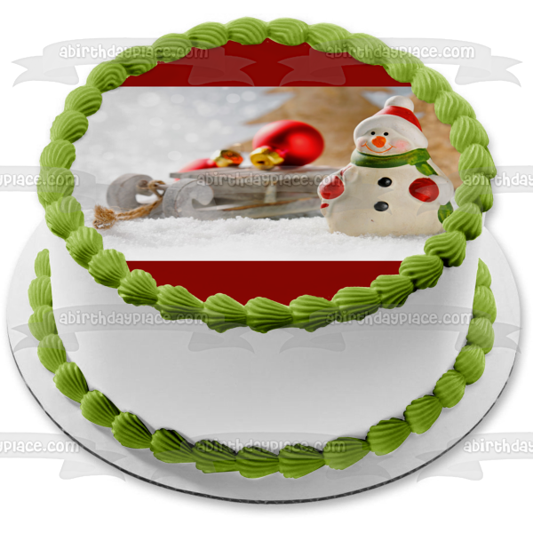 Christmas Snow Man Sled Ball Ornament Edible Cake Topper Image ABPID50630