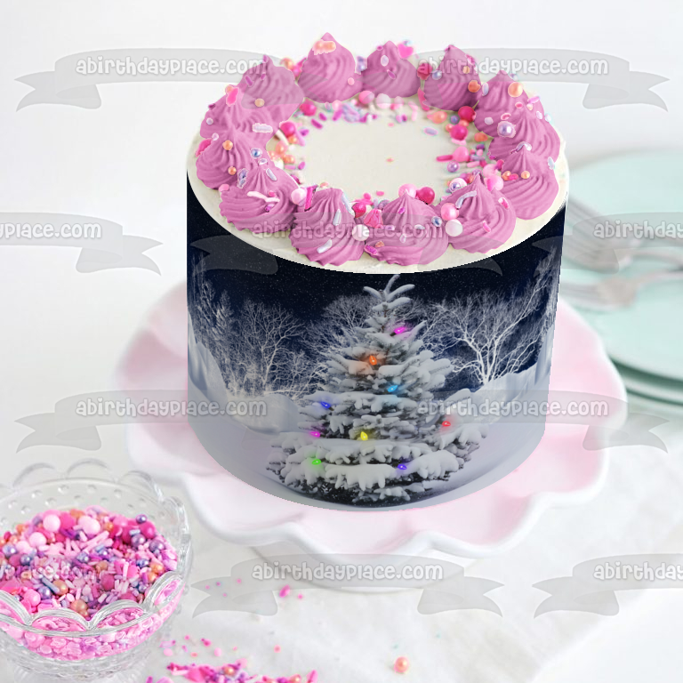 Christmas Tree Snow Christmas Lights Edible Cake Topper Image ABPID50634