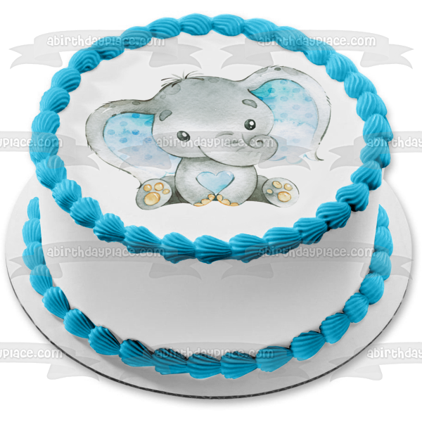 Baby Boy Blue Elephant with Heart Edible Cake Topper Image ABPID50664