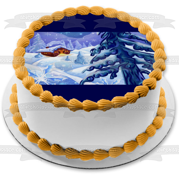 Christmas Snow Covered Cabin Edible Cake Topper Image ABPID50672
