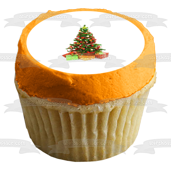 Christmas Tree Ball Ornaments Presents Edible Cake Topper Image ABPID50676