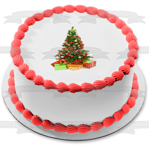 Christmas Tree Ball Ornaments Presents Edible Cake Topper Image ABPID50676