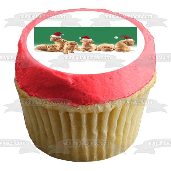 Christmas Puppies Christmas Hats Green Background Edible Cake Topper Image ABPID50682