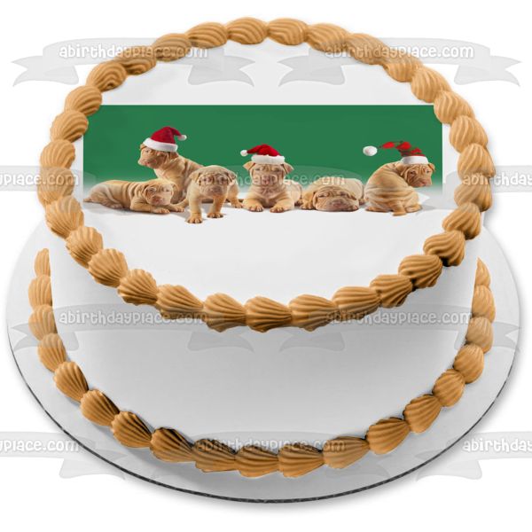 Christmas Puppies Christmas Hats Green Background Edible Cake Topper Image ABPID50682