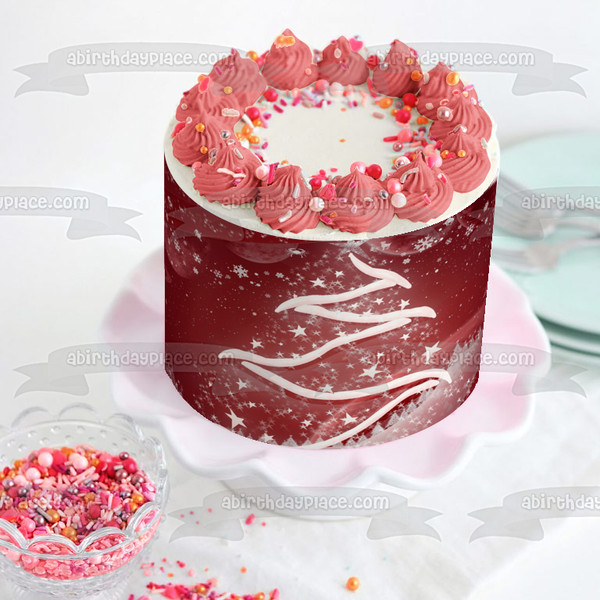 Christmas Tree Snow Red Background Edible Cake Topper Image ABPID50684