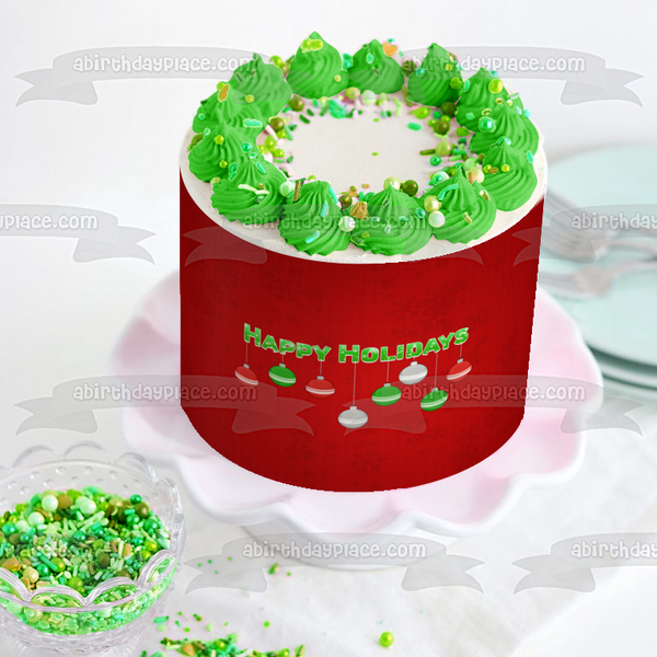 Christmas Ball Ornament Happy Holidays Red Background Edible Cake Topper Image ABPID50694