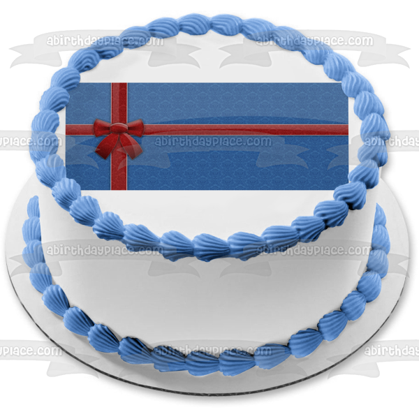 Christmas Present Blue with Red Ribbon Bow Edible Cake Topper Image ABPID50698