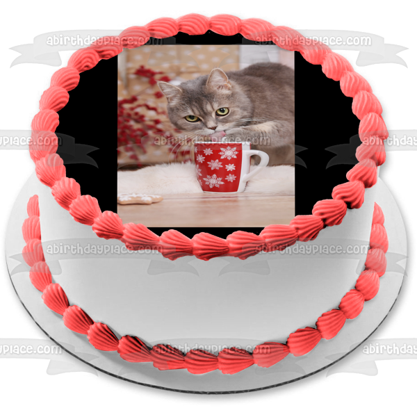 Imagen de adorno comestible para pastel de gato navideño con taza ABPID50468 